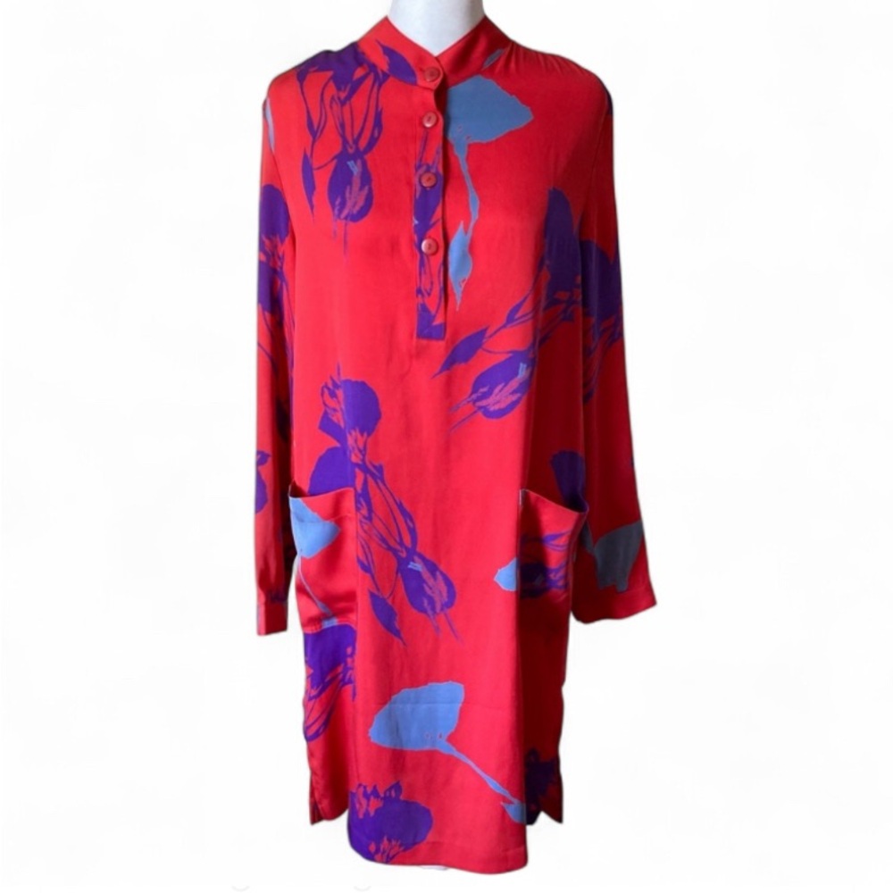 Tucker Red Abstract Floral Silk Long Sleeve Lightweight Shirt Dress size Medium - Picture 3 of 8